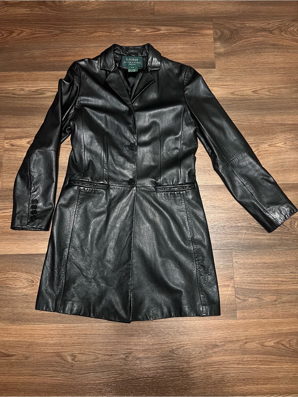 Ralph Lauren Black Leather longline Button-Front Coat